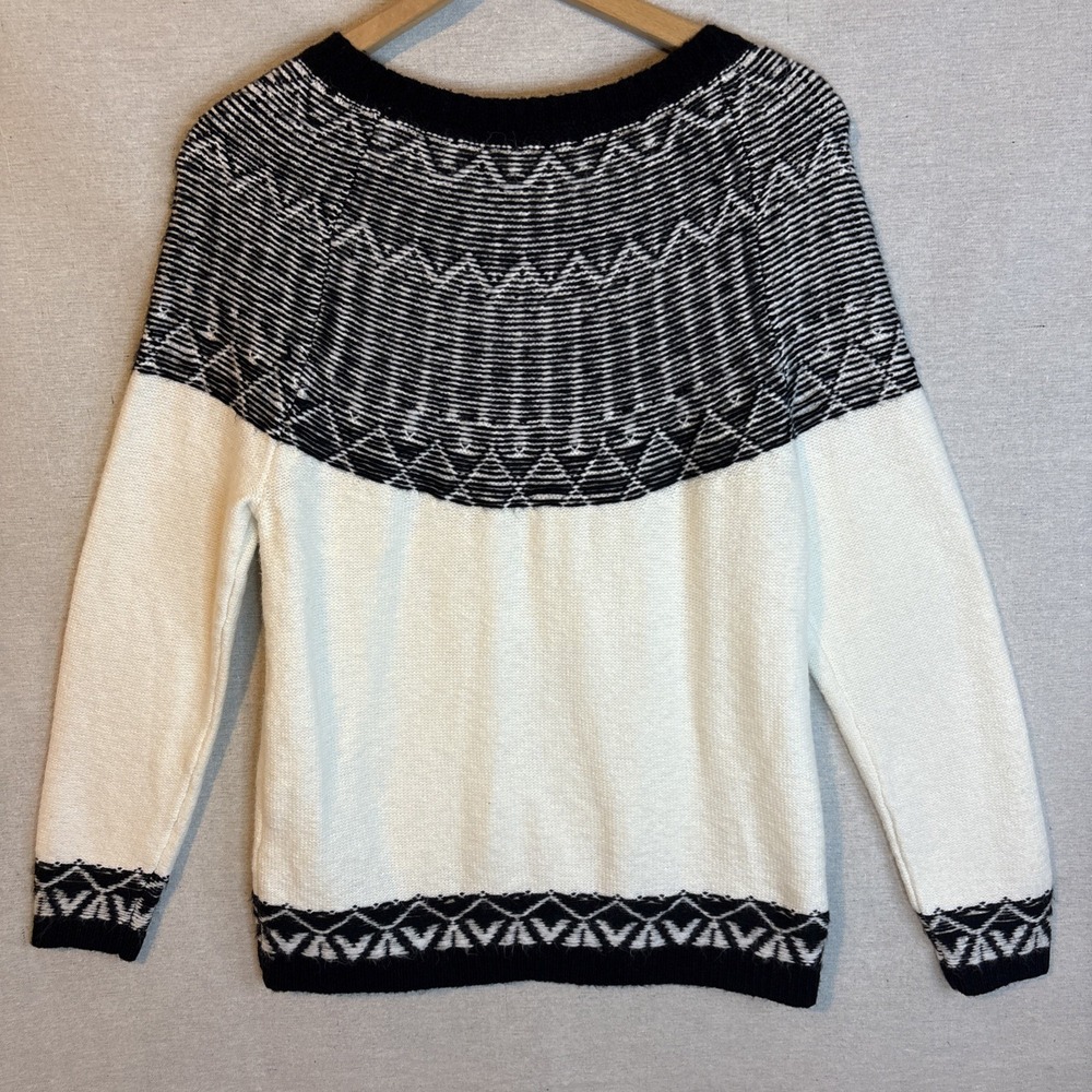Talbots Womens Crewneck Sweater Large Fuzzy‎ Fair Isle Wool Blend Ivory Black - Picture 5 of 8